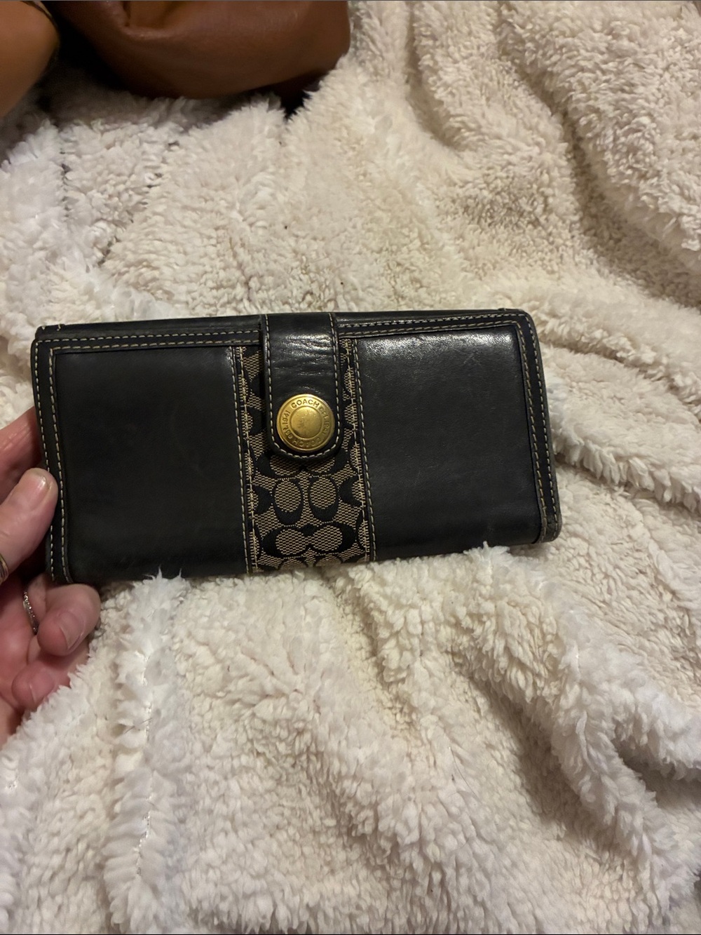 Coach Black Leather & Signature Canvas Snap Wallet with Gold-Tone Accent